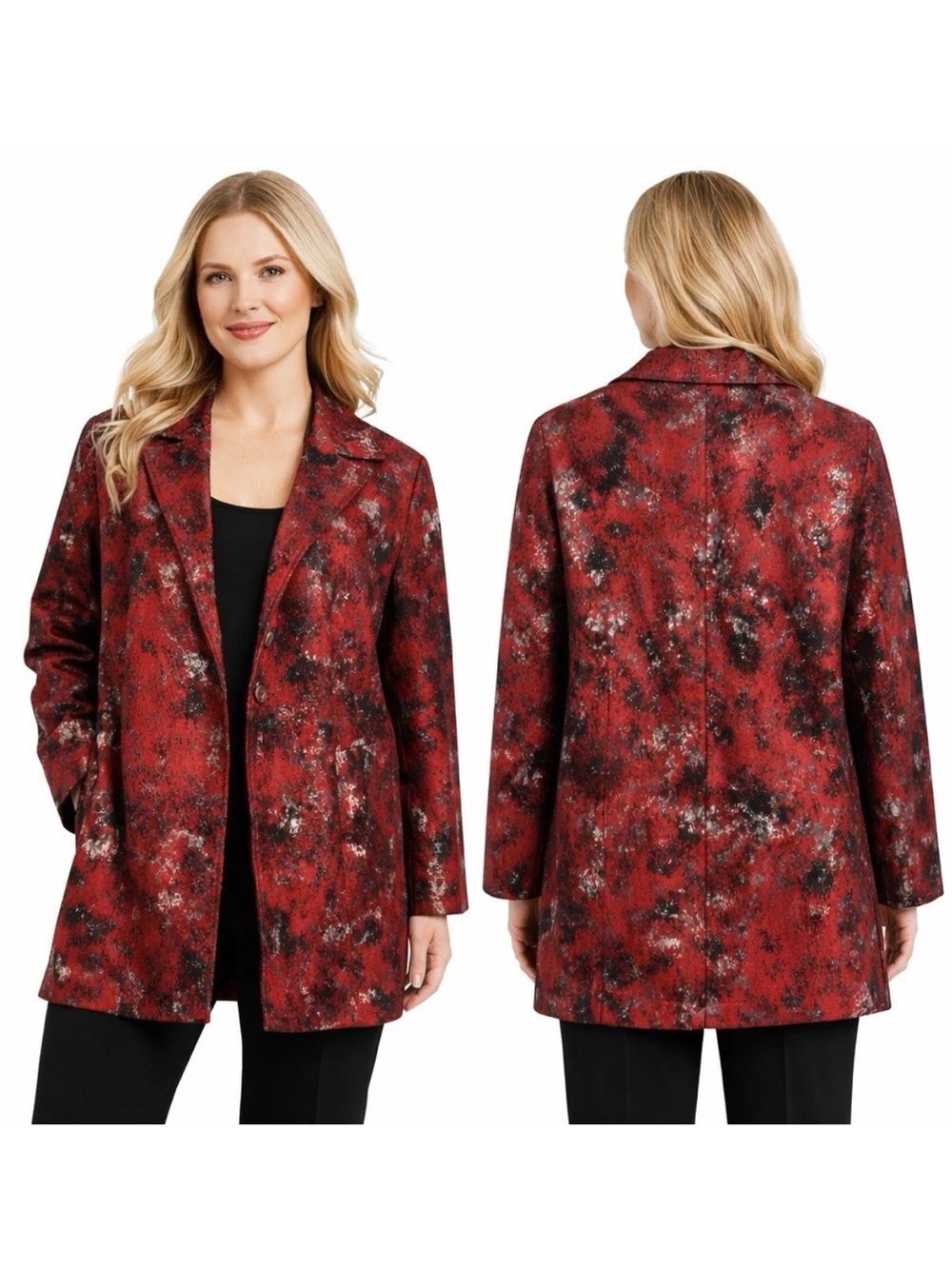 Chicos Metallic Jacquard Topper Overcoat Red Size 16 - Picture 12 of 12